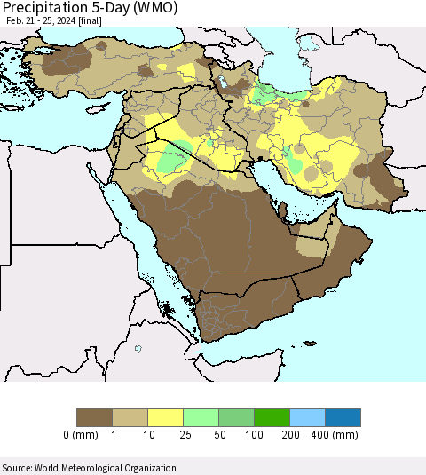 Middle East and Turkey Precipitation 5-Day (WMO) Thematic Map For 2/21/2024 - 2/25/2024