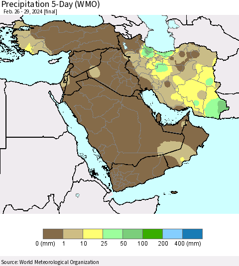 Middle East and Turkey Precipitation 5-Day (WMO) Thematic Map For 2/26/2024 - 2/29/2024