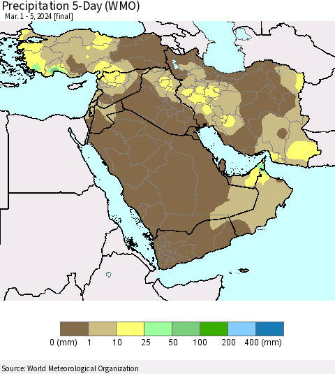 Middle East and Turkey Precipitation 5-Day (WMO) Thematic Map For 3/1/2024 - 3/5/2024