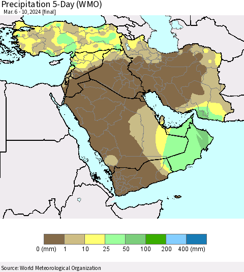 Middle East and Turkey Precipitation 5-Day (WMO) Thematic Map For 3/6/2024 - 3/10/2024