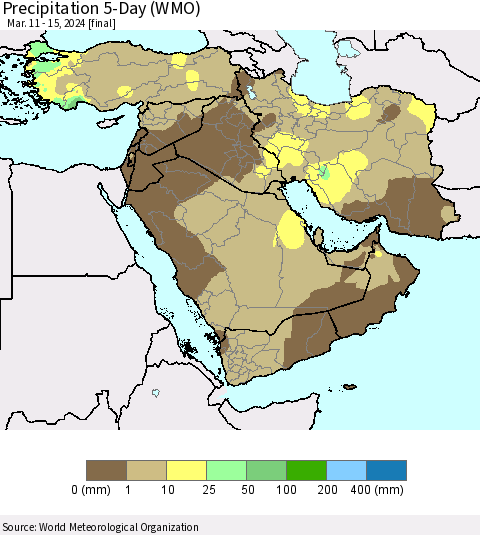 Middle East and Turkey Precipitation 5-Day (WMO) Thematic Map For 3/11/2024 - 3/15/2024