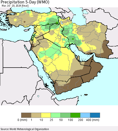 Middle East and Turkey Precipitation 5-Day (WMO) Thematic Map For 3/16/2024 - 3/20/2024