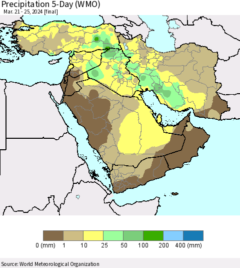 Middle East and Turkey Precipitation 5-Day (WMO) Thematic Map For 3/21/2024 - 3/25/2024