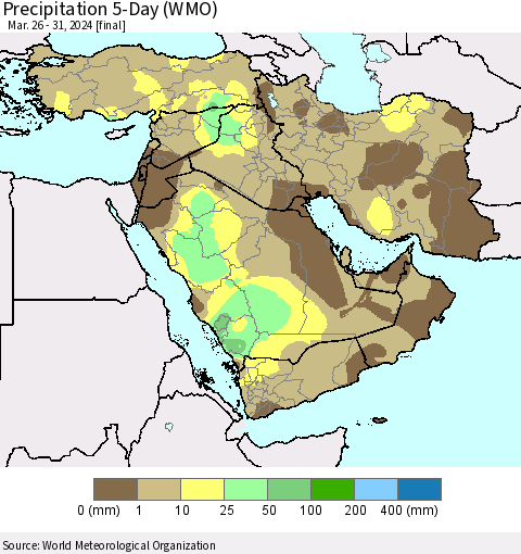 Middle East and Turkey Precipitation 5-Day (WMO) Thematic Map For 3/26/2024 - 3/31/2024