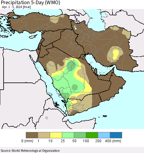 Middle East and Turkey Precipitation 5-Day (WMO) Thematic Map For 4/1/2024 - 4/5/2024