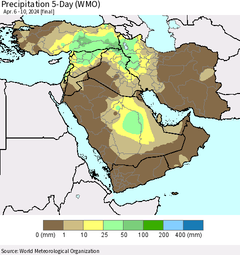 Middle East and Turkey Precipitation 5-Day (WMO) Thematic Map For 4/6/2024 - 4/10/2024