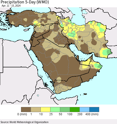 Middle East and Turkey Precipitation 5-Day (WMO) Thematic Map For 4/11/2024 - 4/15/2024