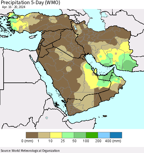 Middle East and Turkey Precipitation 5-Day (WMO) Thematic Map For 4/16/2024 - 4/20/2024
