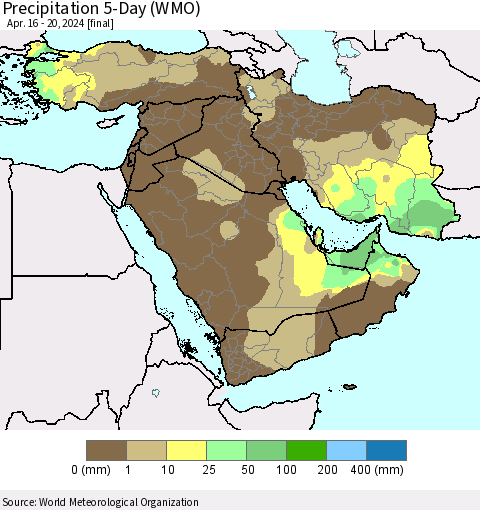 Middle East and Turkey Precipitation 5-Day (WMO) Thematic Map For 4/16/2024 - 4/20/2024
