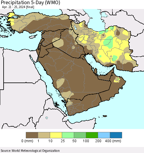 Middle East and Turkey Precipitation 5-Day (WMO) Thematic Map For 4/21/2024 - 4/25/2024