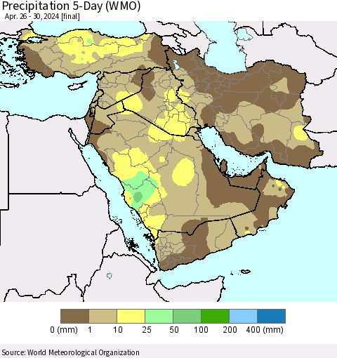 Middle East and Turkey Precipitation 5-Day (WMO) Thematic Map For 4/26/2024 - 4/30/2024