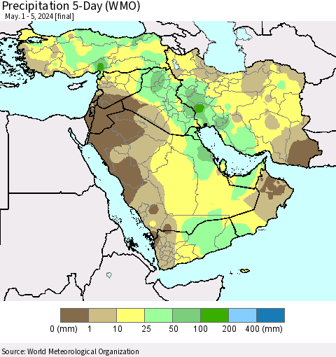 Middle East and Turkey Precipitation 5-Day (WMO) Thematic Map For 5/1/2024 - 5/5/2024