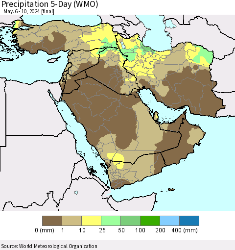 Middle East and Turkey Precipitation 5-Day (WMO) Thematic Map For 5/6/2024 - 5/10/2024