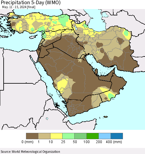 Middle East and Turkey Precipitation 5-Day (WMO) Thematic Map For 5/11/2024 - 5/15/2024