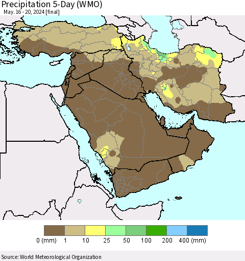 Middle East and Turkey Precipitation 5-Day (WMO) Thematic Map For 5/16/2024 - 5/20/2024