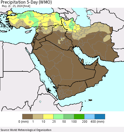 Middle East and Turkey Precipitation 5-Day (WMO) Thematic Map For 5/21/2024 - 5/25/2024