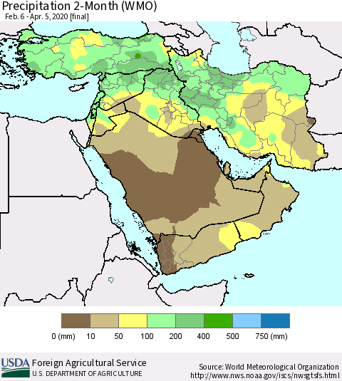 Middle East and Turkey Precipitation 2-Month (WMO) Thematic Map For 2/6/2020 - 4/5/2020