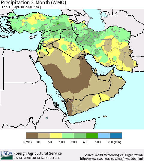 Middle East and Turkey Precipitation 2-Month (WMO) Thematic Map For 2/11/2020 - 4/10/2020