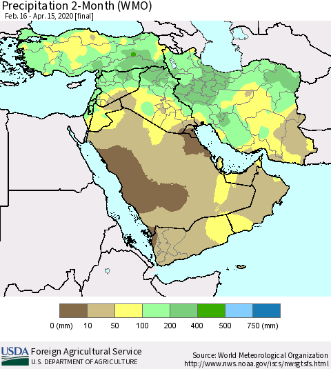 Middle East and Turkey Precipitation 2-Month (WMO) Thematic Map For 2/16/2020 - 4/15/2020