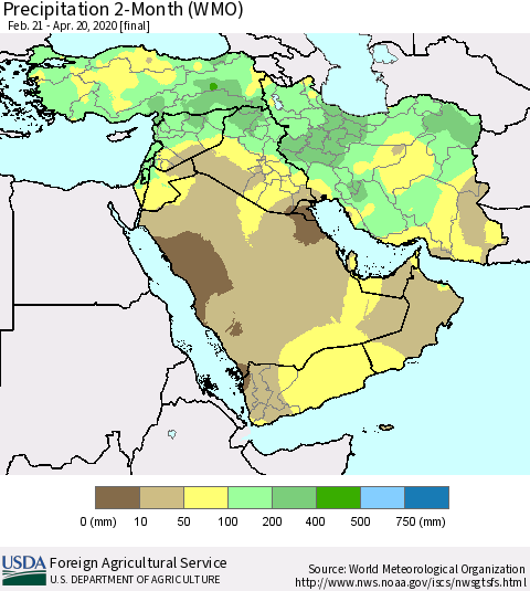 Middle East and Turkey Precipitation 2-Month (WMO) Thematic Map For 2/21/2020 - 4/20/2020