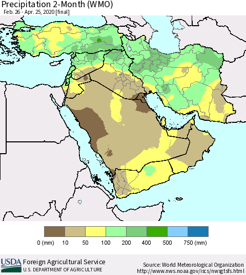 Middle East and Turkey Precipitation 2-Month (WMO) Thematic Map For 2/26/2020 - 4/25/2020