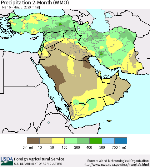Middle East and Turkey Precipitation 2-Month (WMO) Thematic Map For 3/6/2020 - 5/5/2020