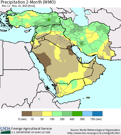 Middle East and Turkey Precipitation 2-Month (WMO) Thematic Map For 3/11/2020 - 5/10/2020