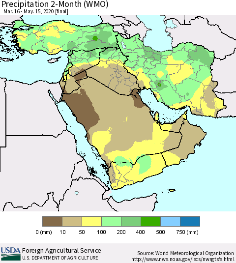 Middle East and Turkey Precipitation 2-Month (WMO) Thematic Map For 3/16/2020 - 5/15/2020