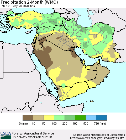Middle East and Turkey Precipitation 2-Month (WMO) Thematic Map For 3/21/2020 - 5/20/2020