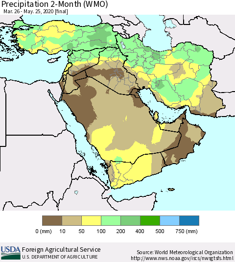 Middle East and Turkey Precipitation 2-Month (WMO) Thematic Map For 3/26/2020 - 5/25/2020