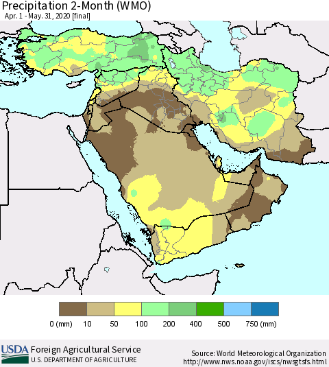Middle East and Turkey Precipitation 2-Month (WMO) Thematic Map For 4/1/2020 - 5/31/2020