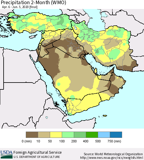 Middle East and Turkey Precipitation 2-Month (WMO) Thematic Map For 4/6/2020 - 6/5/2020
