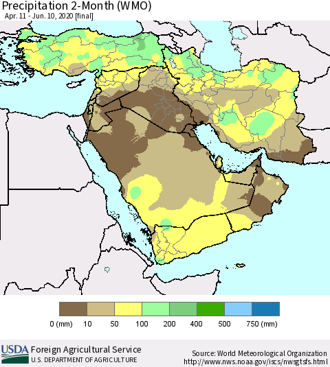 Middle East and Turkey Precipitation 2-Month (WMO) Thematic Map For 4/11/2020 - 6/10/2020