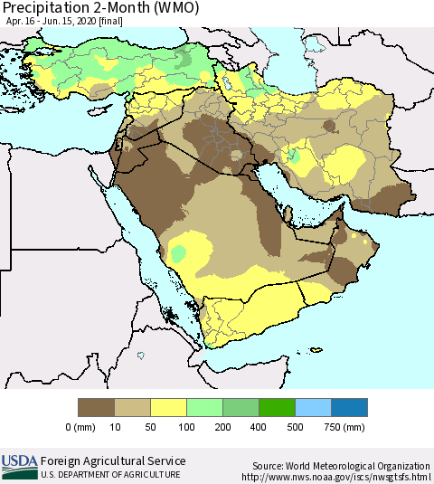 Middle East and Turkey Precipitation 2-Month (WMO) Thematic Map For 4/16/2020 - 6/15/2020