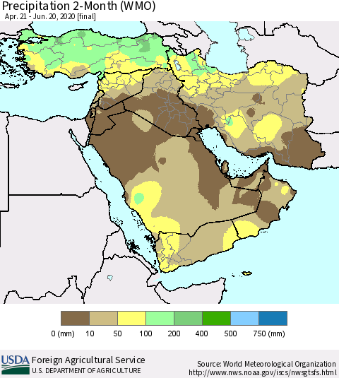 Middle East and Turkey Precipitation 2-Month (WMO) Thematic Map For 4/21/2020 - 6/20/2020