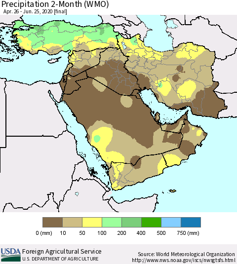Middle East and Turkey Precipitation 2-Month (WMO) Thematic Map For 4/26/2020 - 6/25/2020
