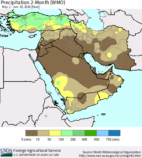 Middle East and Turkey Precipitation 2-Month (WMO) Thematic Map For 5/1/2020 - 6/30/2020