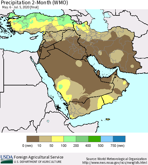 Middle East and Turkey Precipitation 2-Month (WMO) Thematic Map For 5/6/2020 - 7/5/2020
