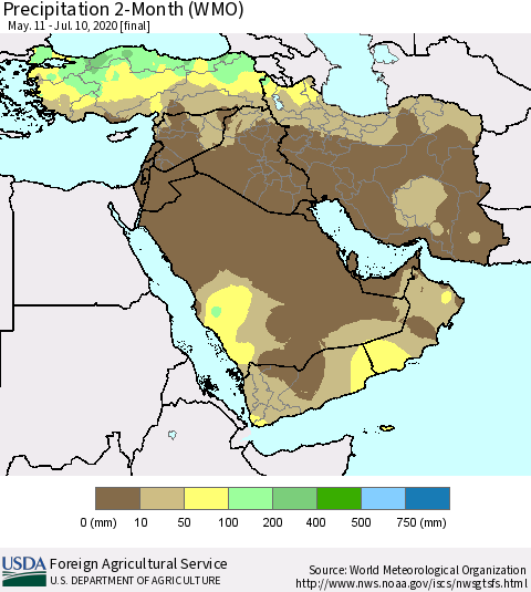 Middle East and Turkey Precipitation 2-Month (WMO) Thematic Map For 5/11/2020 - 7/10/2020