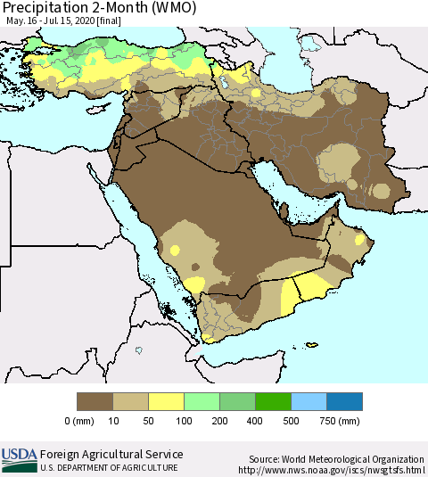 Middle East and Turkey Precipitation 2-Month (WMO) Thematic Map For 5/16/2020 - 7/15/2020