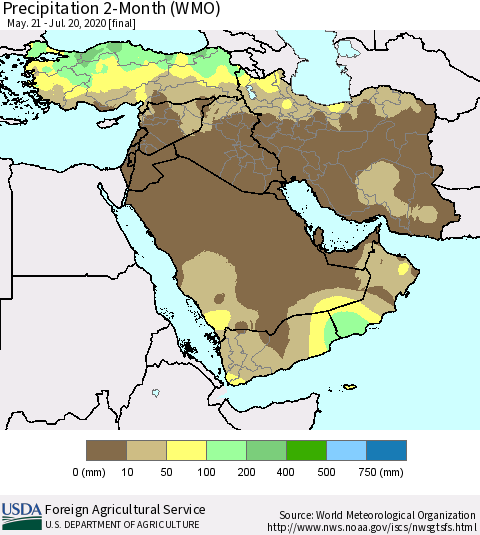 Middle East and Turkey Precipitation 2-Month (WMO) Thematic Map For 5/21/2020 - 7/20/2020