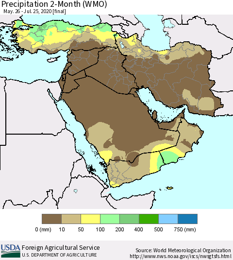 Middle East and Turkey Precipitation 2-Month (WMO) Thematic Map For 5/26/2020 - 7/25/2020