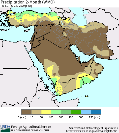Middle East and Turkey Precipitation 2-Month (WMO) Thematic Map For 6/1/2020 - 7/31/2020