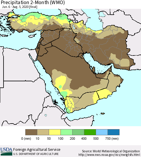 Middle East and Turkey Precipitation 2-Month (WMO) Thematic Map For 6/6/2020 - 8/5/2020