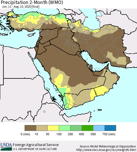 Middle East and Turkey Precipitation 2-Month (WMO) Thematic Map For 6/11/2020 - 8/10/2020