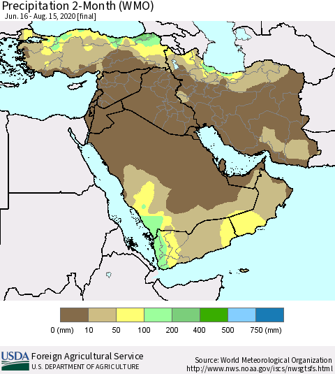Middle East and Turkey Precipitation 2-Month (WMO) Thematic Map For 6/16/2020 - 8/15/2020