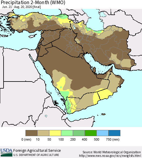Middle East and Turkey Precipitation 2-Month (WMO) Thematic Map For 6/21/2020 - 8/20/2020