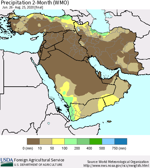 Middle East and Turkey Precipitation 2-Month (WMO) Thematic Map For 6/26/2020 - 8/25/2020