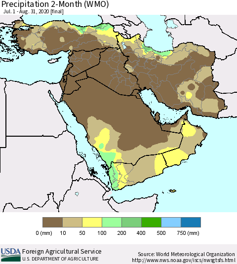 Middle East and Turkey Precipitation 2-Month (WMO) Thematic Map For 7/1/2020 - 8/31/2020