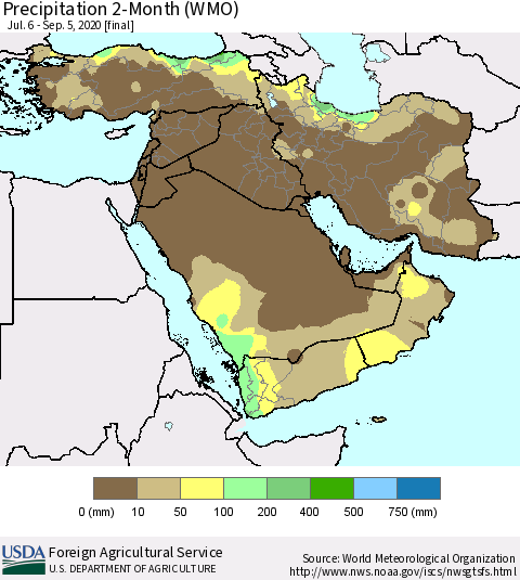 Middle East and Turkey Precipitation 2-Month (WMO) Thematic Map For 7/6/2020 - 9/5/2020